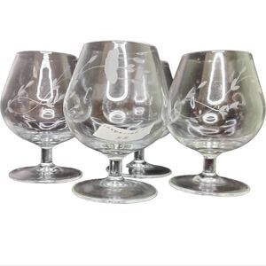 Princess House Vintage 4 PC Set Brandy Goblet Crystal Glasses w/ Etched Floral